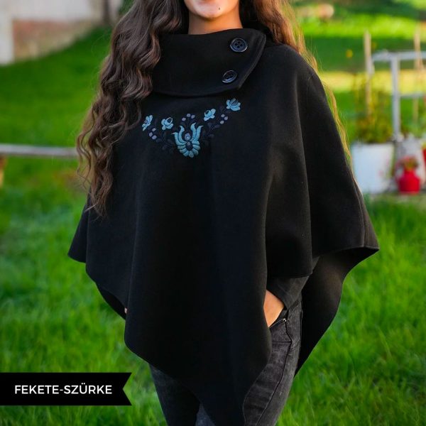 Poncsó fekete szürke, hímzett ruha webáruház